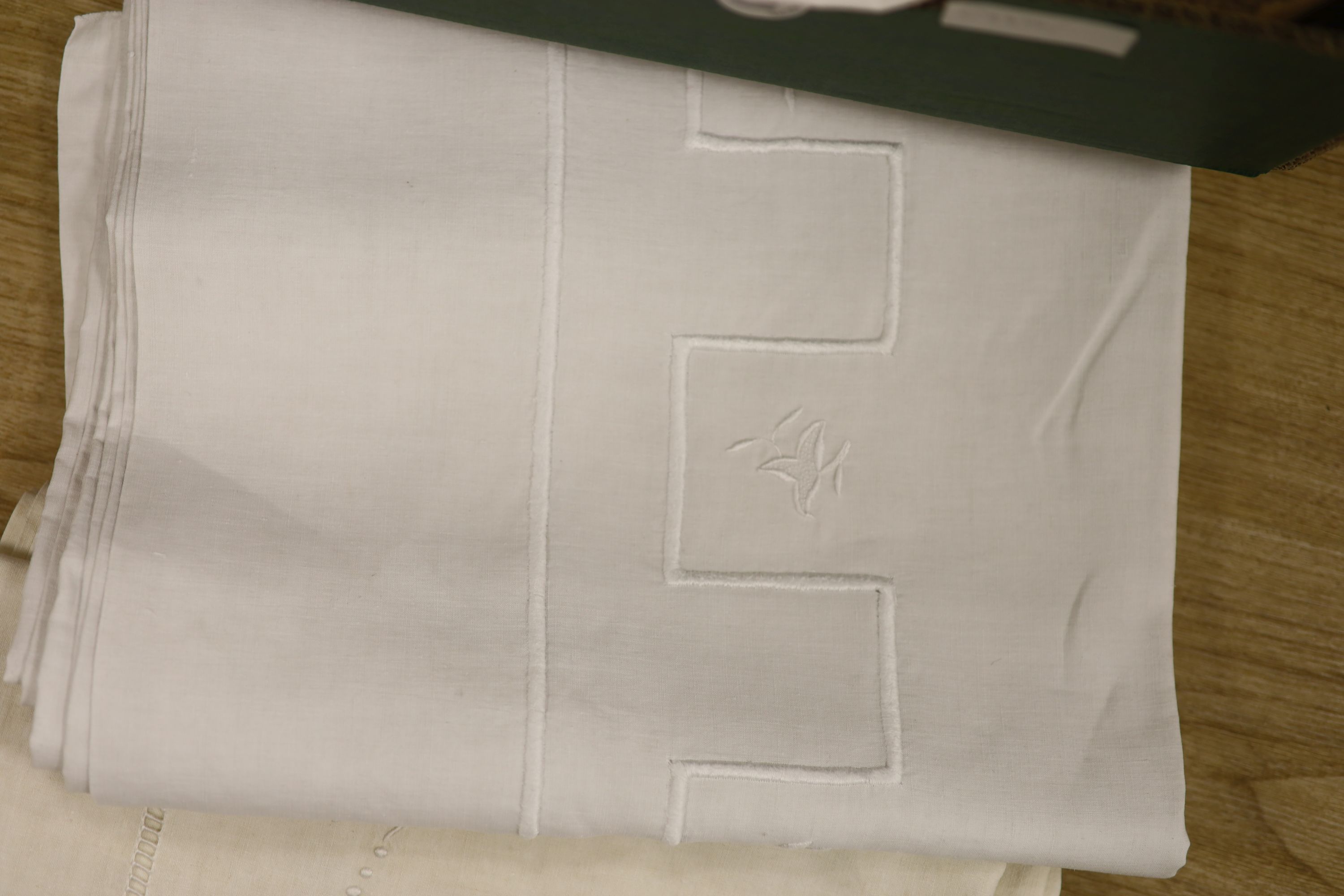 Five monogrammed French linen sheets